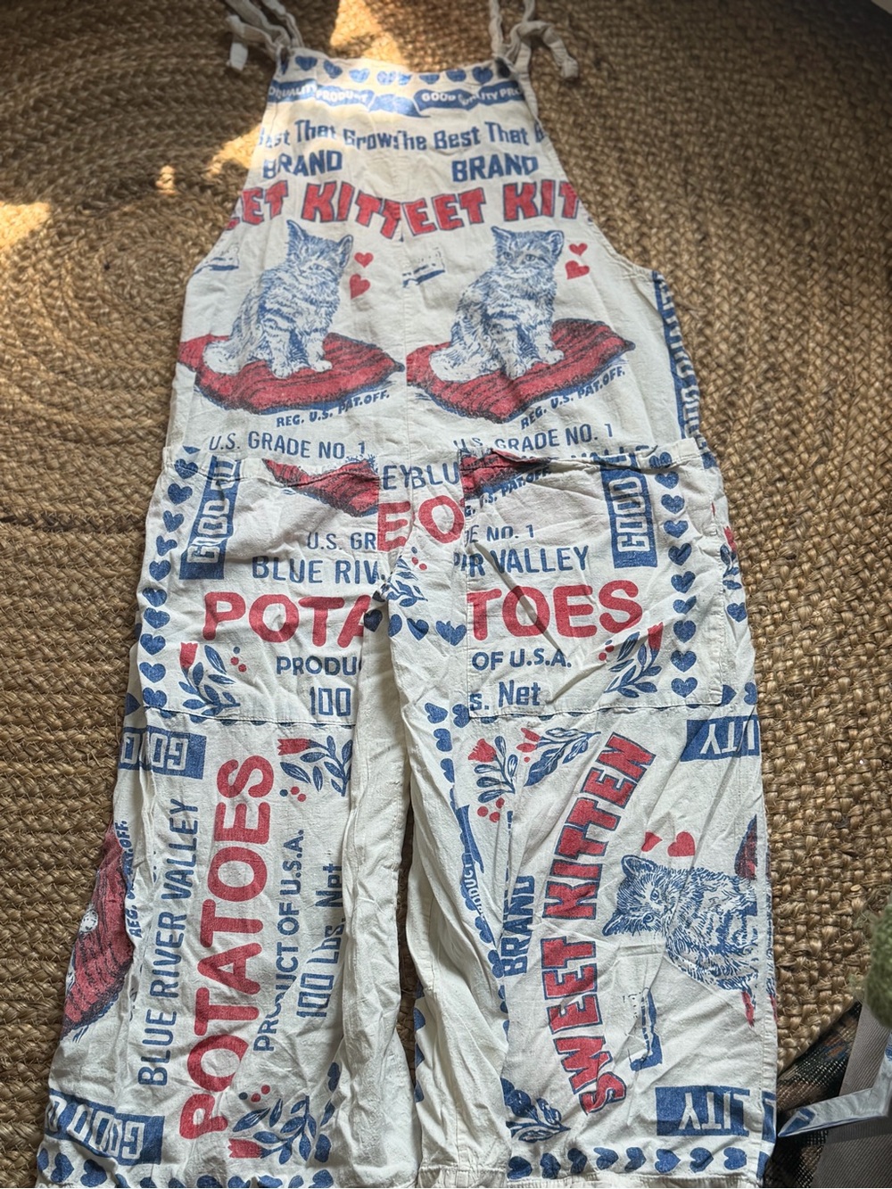 Women’s Cream Print Overalls with Red & Blue Potatoes and Kittens Graphic